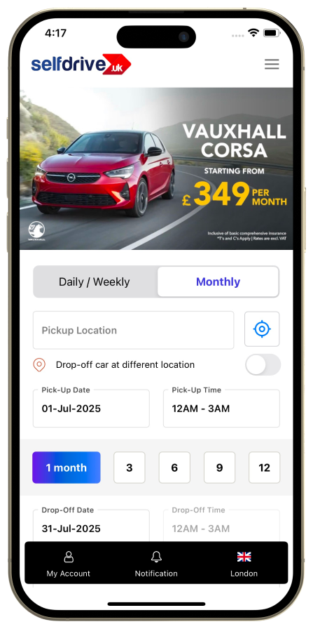 A cell phone showing a Selfdrive UK car rental application with offers and booking options