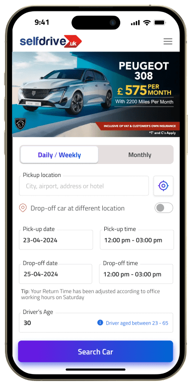 A cell phone showing a Selfdrive UK car rental application with offers and booking options