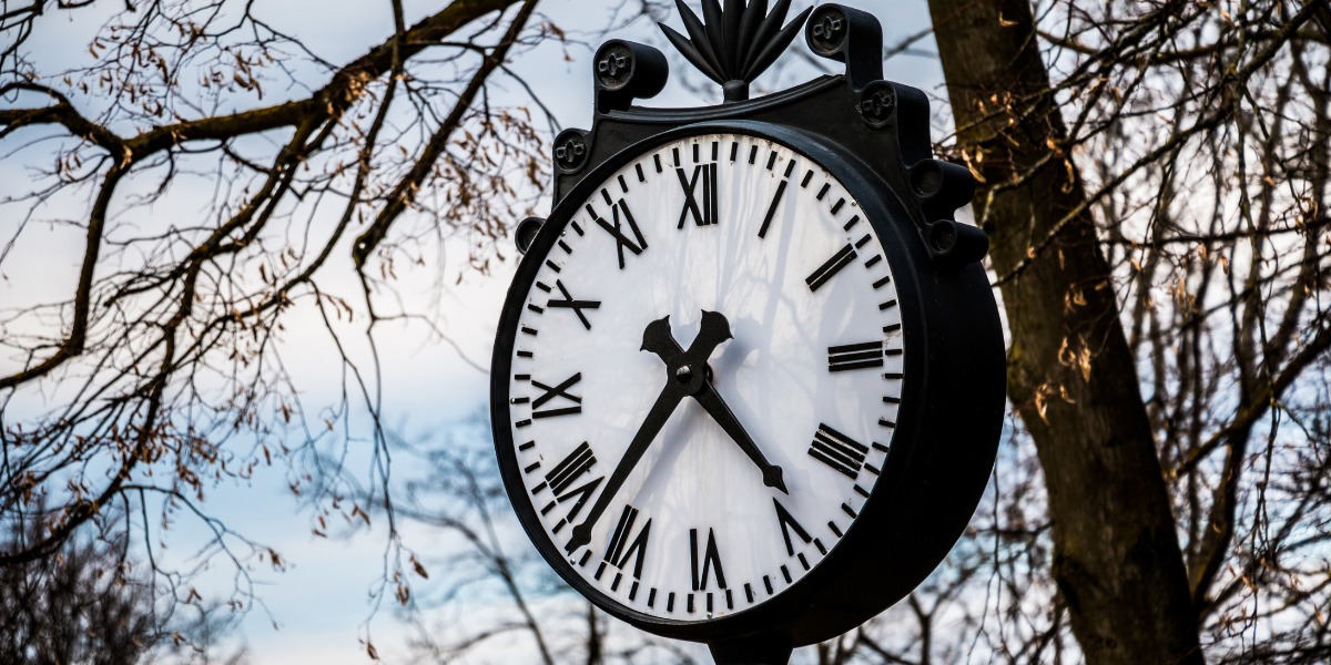 Close-up of a vintage outdoor clock with Roman numerals and ornate details, set against a backdrop of tree branches and a cloudy sky.