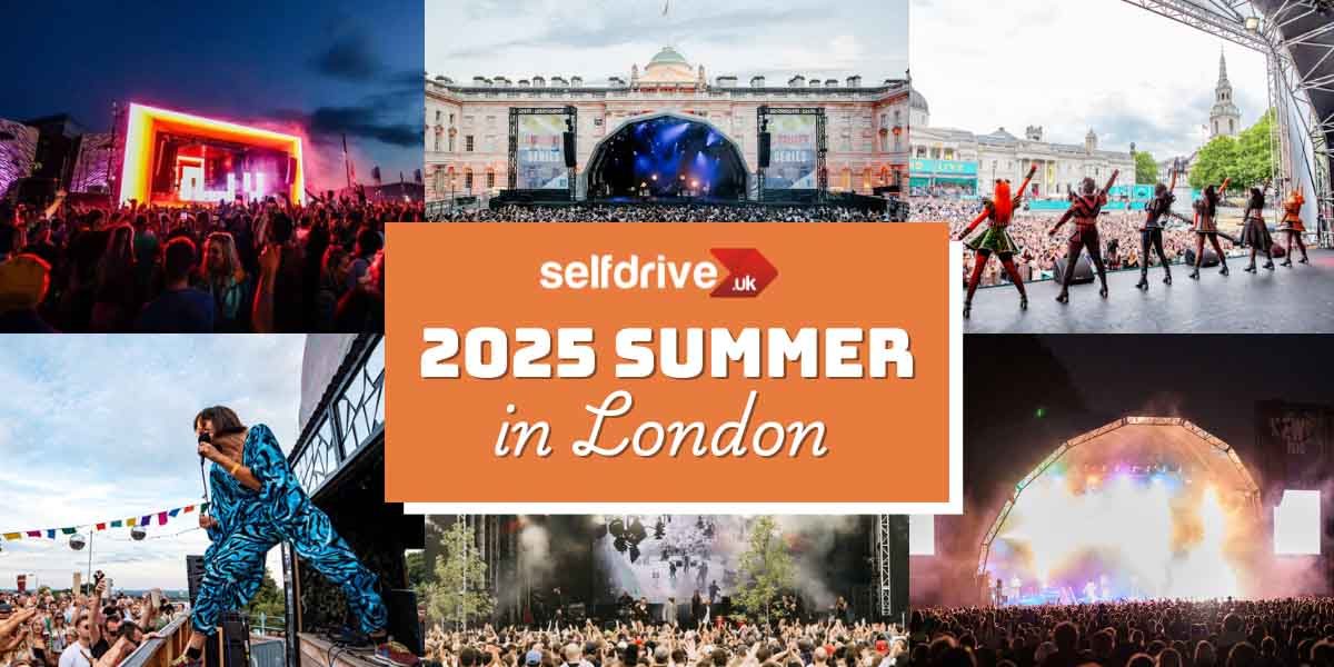 Collage of lively outdoor concerts in London with vibrant lights, energetic crowds, and dancers under clear skies. Text in center: 