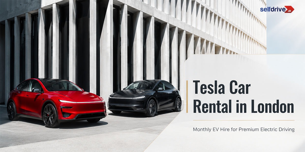 Two sleek electric cars, one red and one black, are parked beside a modern building with vertical columns. Ad text promotes Tesla rentals in London.