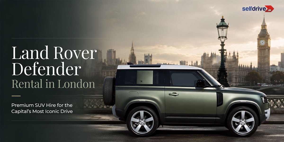 Image of a green Land Rover Defender parked with London landmarks like Big Ben in the background. Text: "Land Rover Defender Rental in London." The scene is elegant and urban.