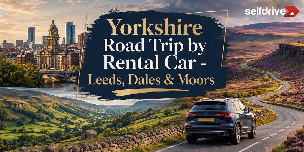 Composite image showing Leeds cityscape and Yorkshire moors with a rental car and text overlaying "Yorkshire Road Trip by Rental Car - Leeds, Dales & Moors."