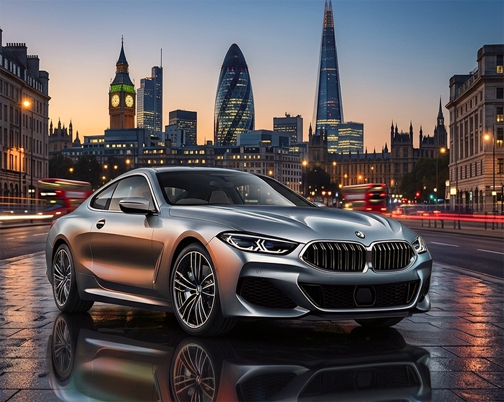 A right close up of a yellow Mercedes AMG sports car headlight on a city street