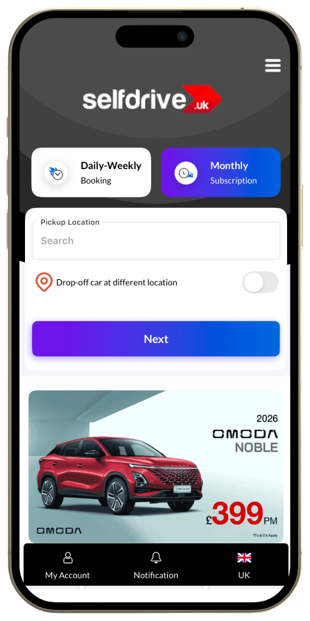 A cell phone showing a SelfDrive UAE car rental application with offers and booking options